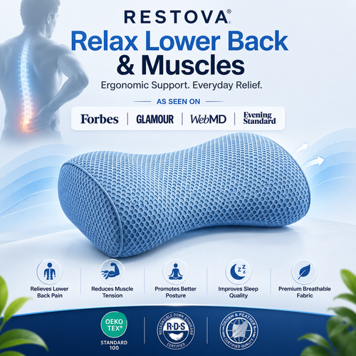 Restova Lumbar Support Pillow for Lower Back Pain Relief – Ergonomic Memory Foam Back Cushion