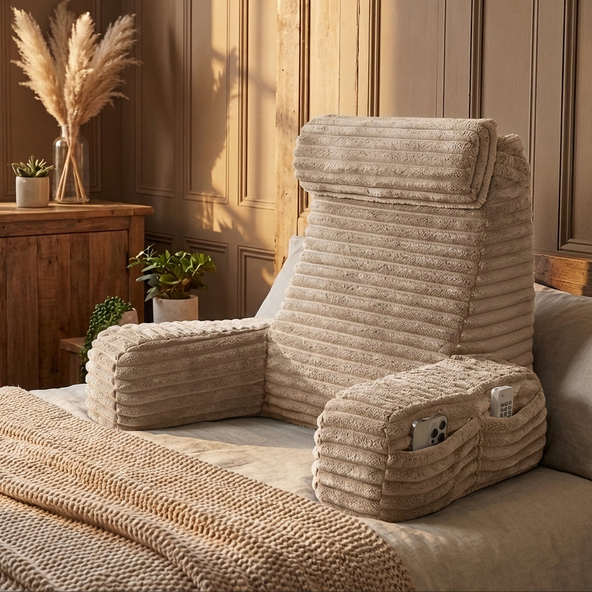 Restova Reading Pillow with Arms & Adjustable Headrest – Back Support Pillow for Sitting Up in Bed