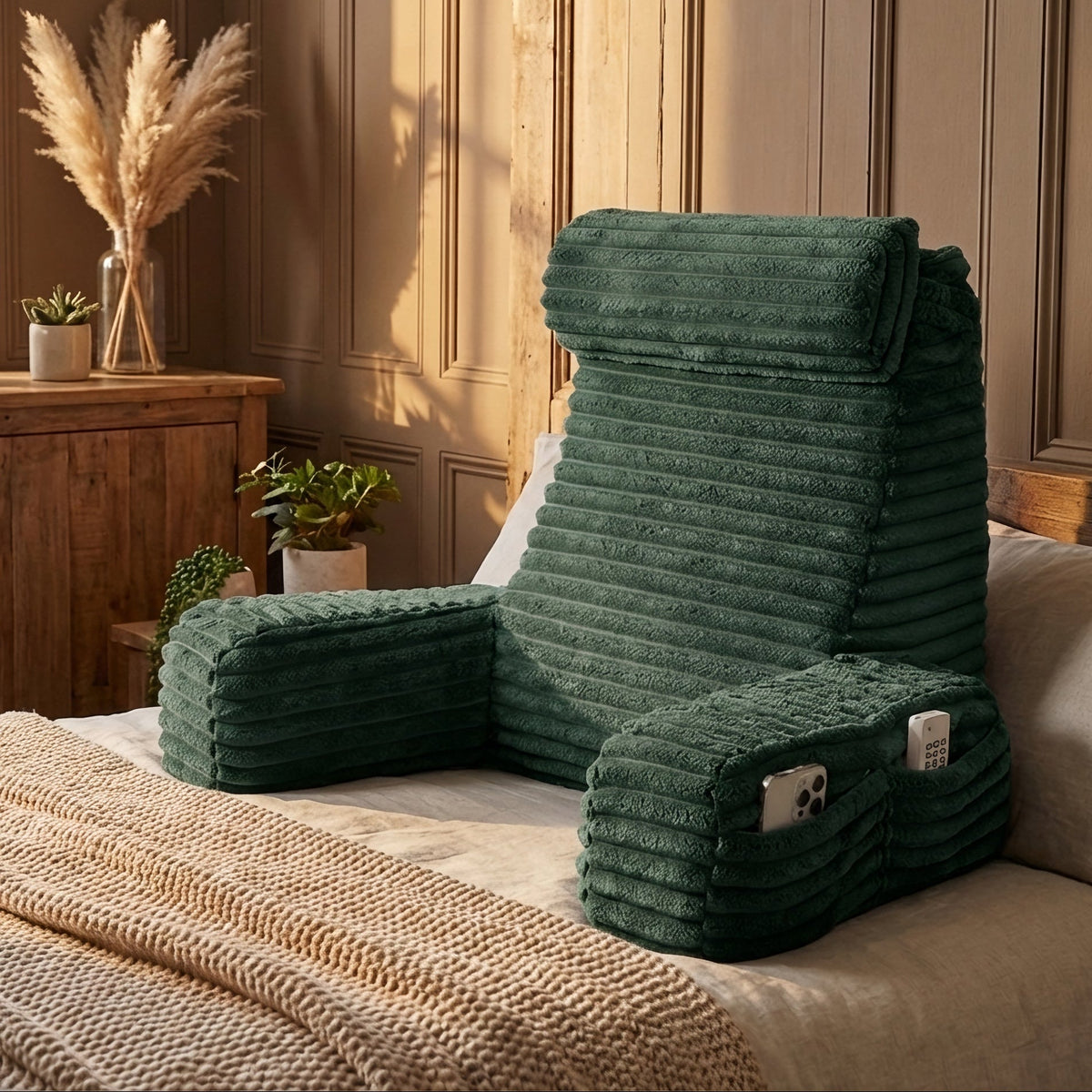 Restova Reading Pillow with Arms & Adjustable Headrest – Back Support Pillow for Sitting Up in Bed