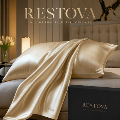 Restova Mulberry Silk Pillowcase Set – Cooling Satin Silk Pillow Covers for Hair & Skin (2 Pack)